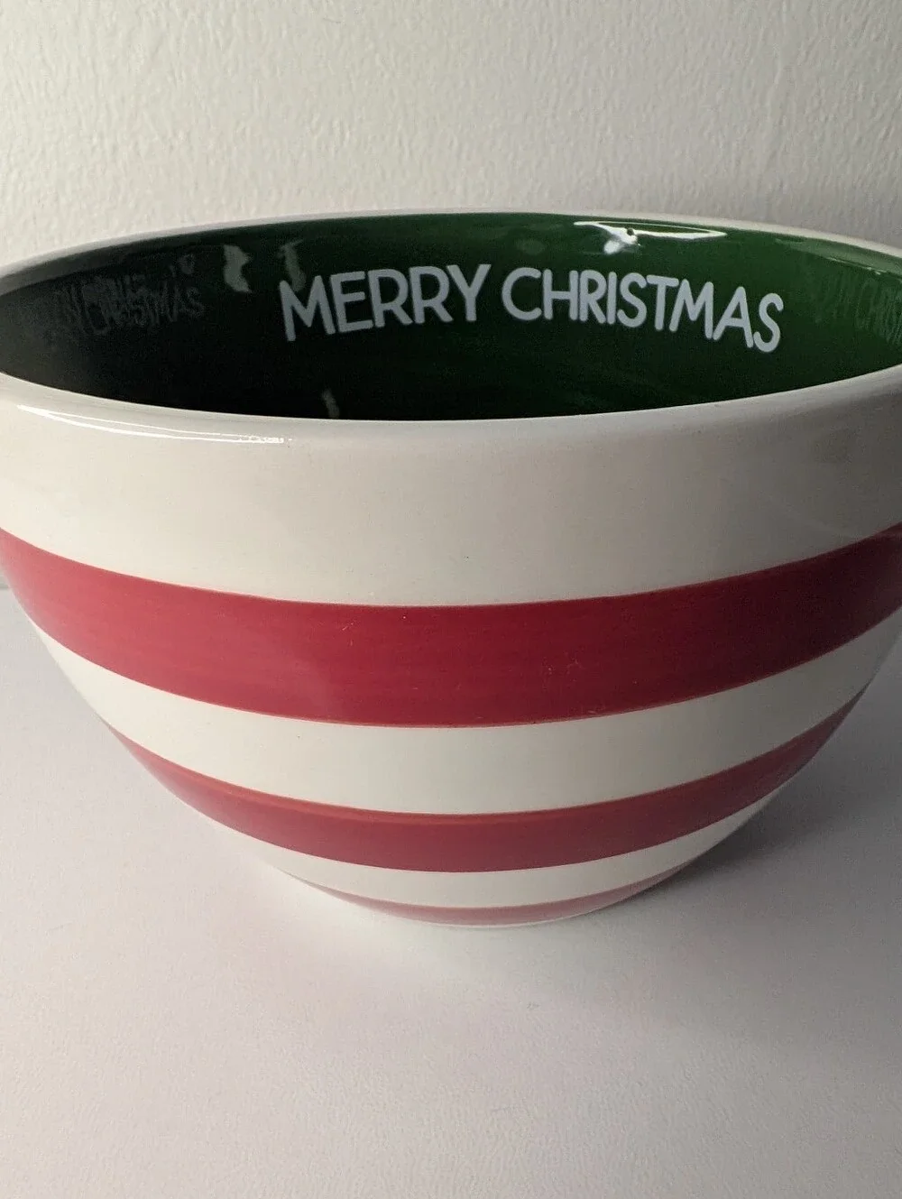 Merry Christmas Red and White Striped Ceramic Holiday Serving Bowl